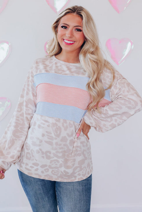 Leopard And Stripe Patchwork Puff Sleeve Knit Top