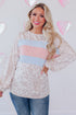 Leopard And Stripe Patchwork Puff Sleeve Knit Top