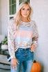 Leopard And Stripe Patchwork Puff Sleeve Knit Top