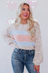 Leopard And Stripe Patchwork Puff Sleeve Knit Top