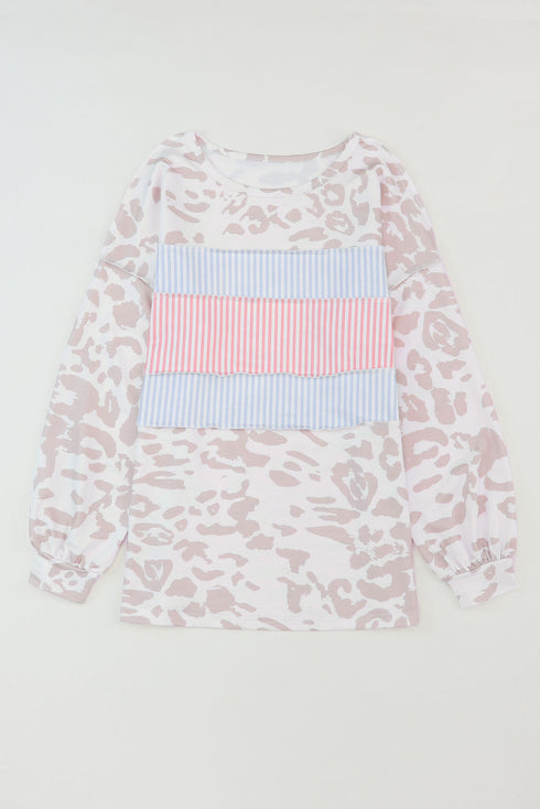 Leopard And Stripe Patchwork Puff Sleeve Knit Top