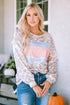 Leopard And Stripe Patchwork Puff Sleeve Knit Top