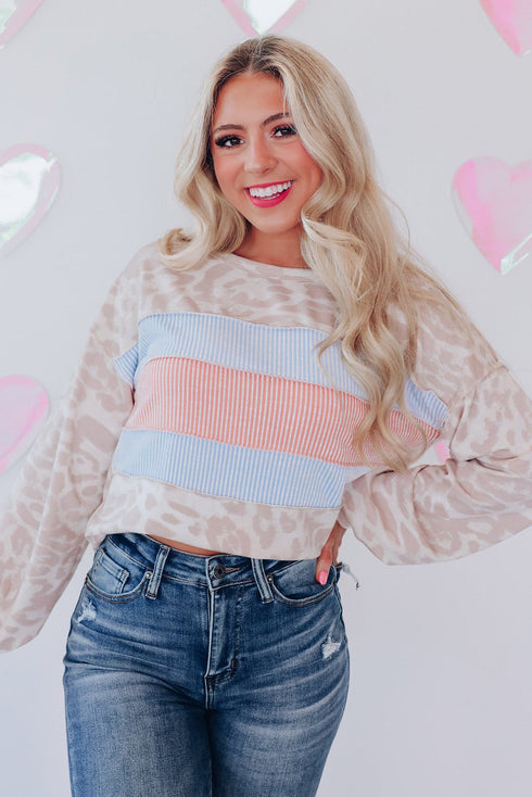 Leopard And Stripe Patchwork Puff Sleeve Knit Top