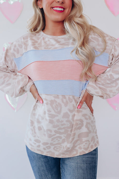 Leopard And Stripe Patchwork Puff Sleeve Knit Top