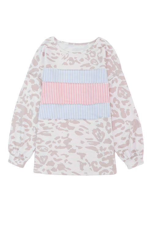 Leopard And Stripe Patchwork Puff Sleeve Knit Top