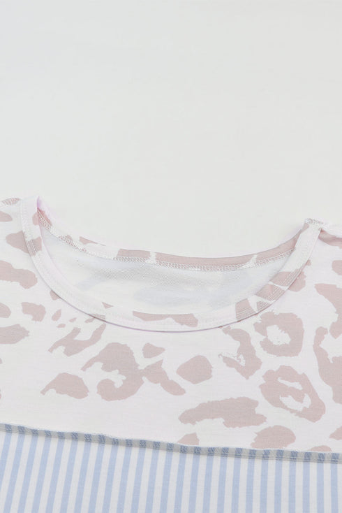 Leopard And Stripe Patchwork Puff Sleeve Knit Top