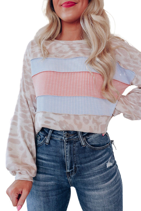 Leopard And Stripe Patchwork Puff Sleeve Knit Top