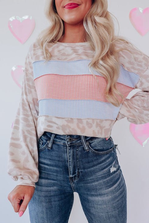 Leopard And Stripe Patchwork Puff Sleeve Knit Top