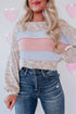 Leopard And Stripe Patchwork Puff Sleeve Knit Top