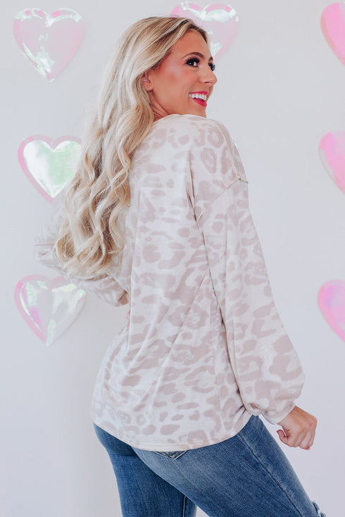 Leopard And Stripe Patchwork Puff Sleeve Knit Top
