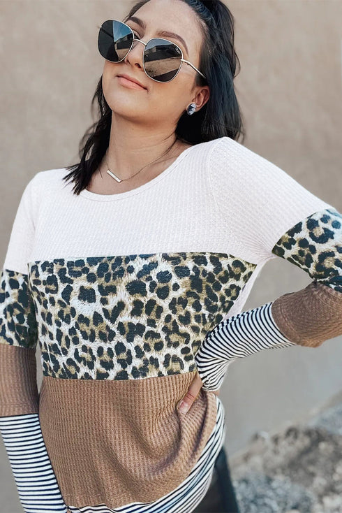 Leopard And Stripe Print Spliced Long Sleeve Top
