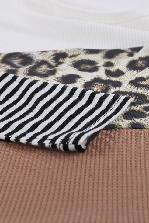 Leopard And Stripe Print Spliced Long Sleeve Top