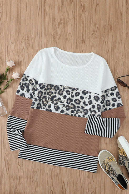 Leopard And Stripe Print Spliced Long Sleeve Top