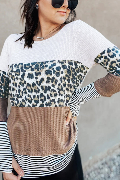 Leopard And Stripe Print Spliced Long Sleeve Top