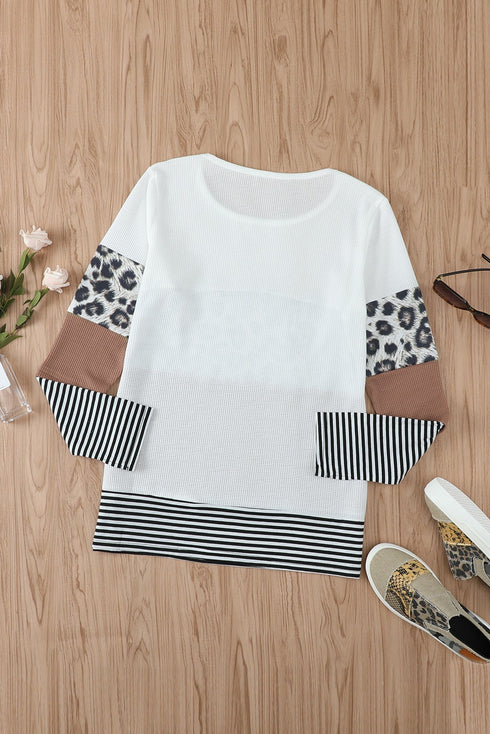 Leopard And Stripe Print Spliced Long Sleeve Top