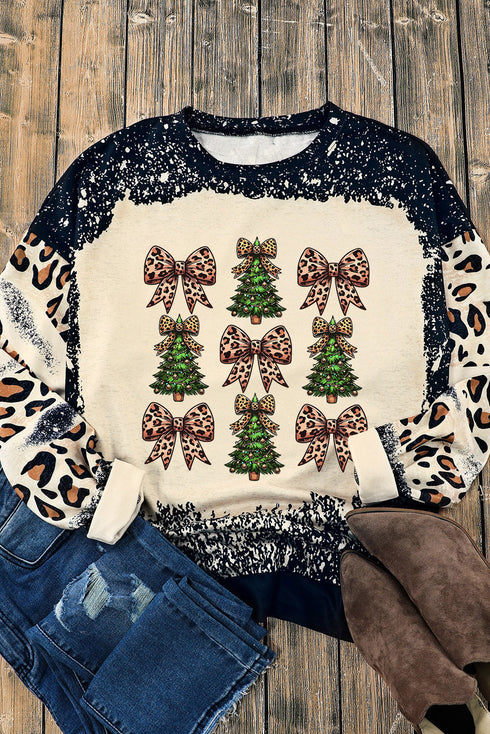 Leopard Bow And Tree Graphic Acid Wash Sweatshirt