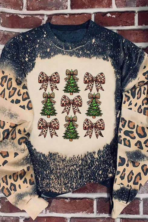 Leopard Bow And Tree Graphic Acid Wash Sweatshirt