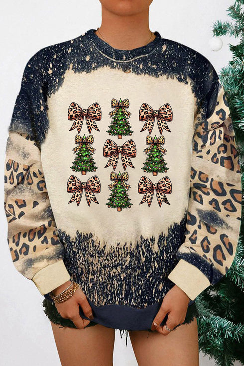 Leopard Bow And Tree Graphic Acid Wash Sweatshirt