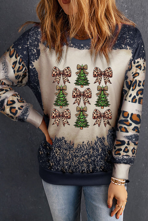 Leopard Bow And Tree Graphic Acid Wash Sweatshirt