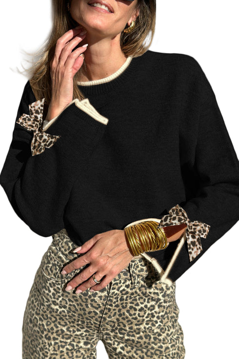 Leopard Bow Contrast Trim Split Cuff Knit Sweater