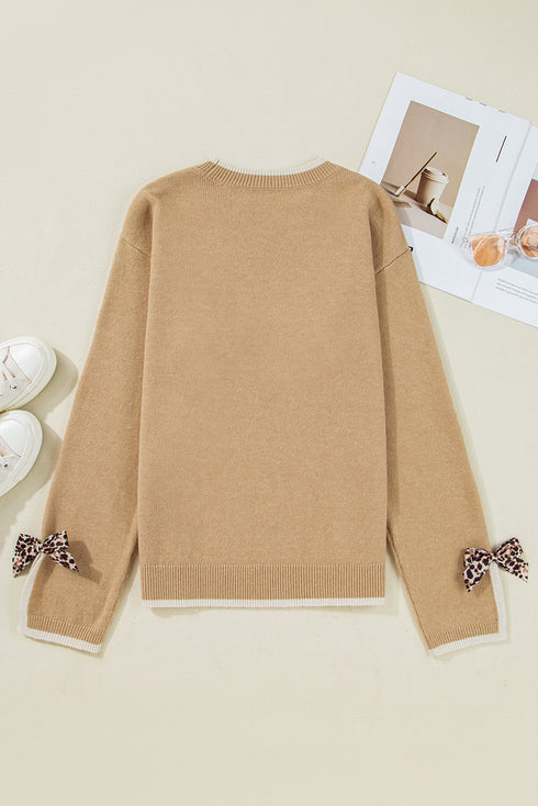 Leopard Bow Contrast Trim Split Cuff Knit Sweater