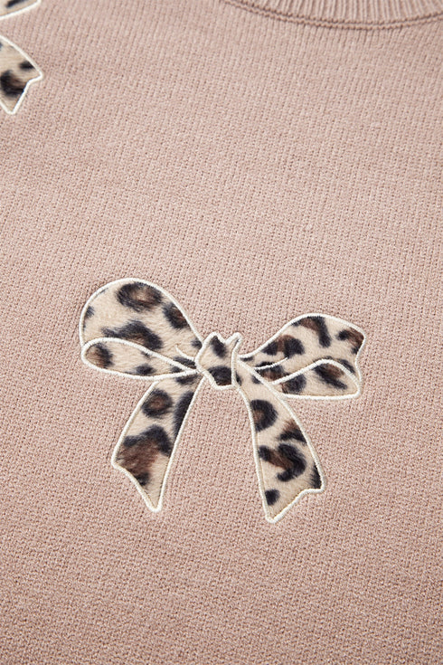 Leopard Bow Embroidery Drop Shoulder Tunic Sweater