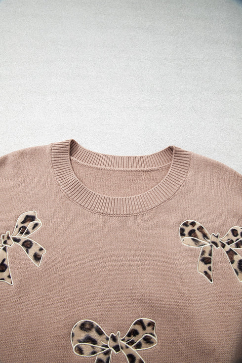 Leopard Bow Embroidery Drop Shoulder Tunic Sweater