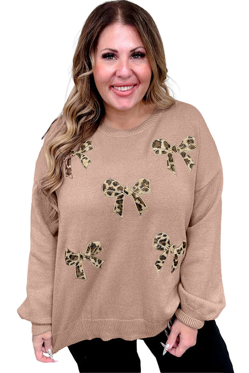 Leopard Bow Embroidery Drop Shoulder Tunic Sweater
