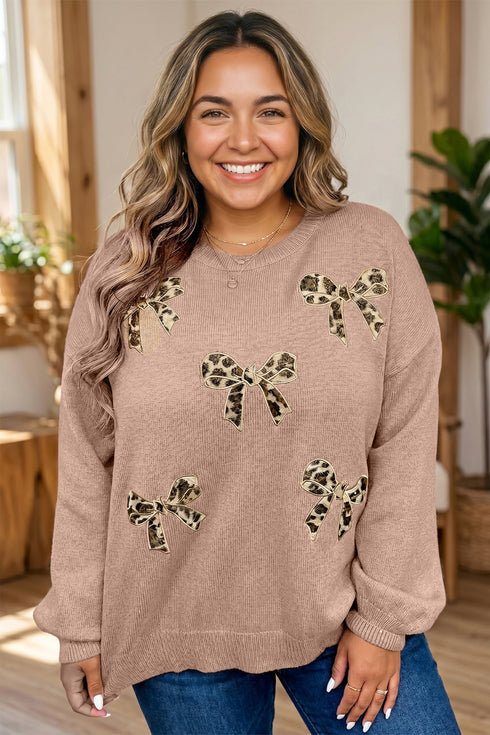 Leopard Bow Embroidery Drop Shoulder Tunic Sweater