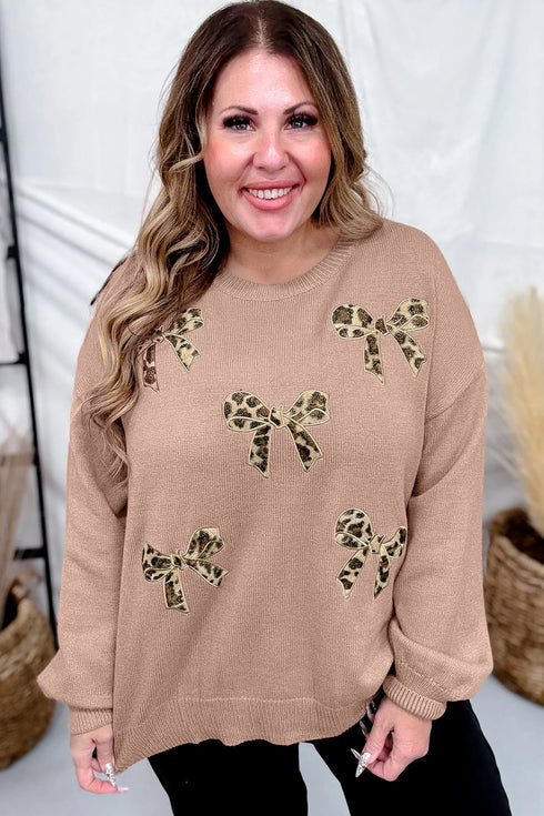 Leopard Bow Embroidery Drop Shoulder Tunic Sweater
