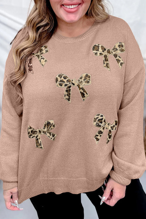 Leopard Bow Embroidery Drop Shoulder Tunic Sweater
