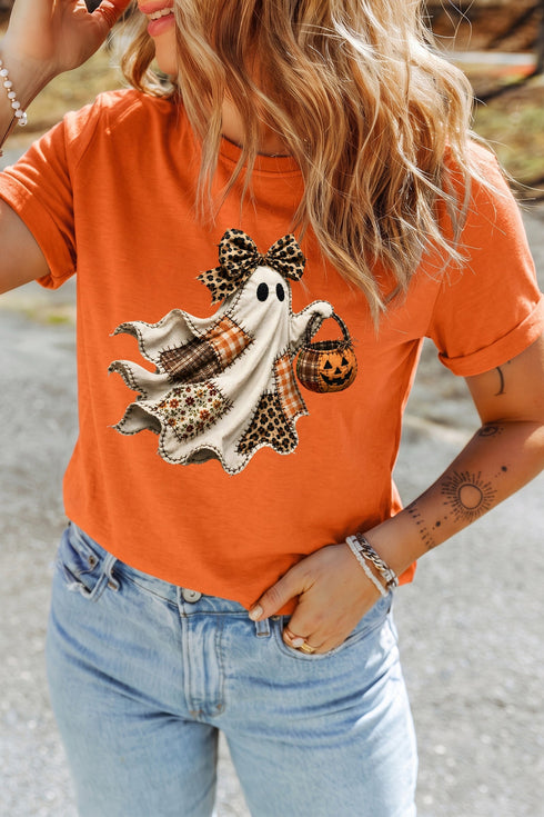 Leopard Bow Ghost Graphic Print T Shirt