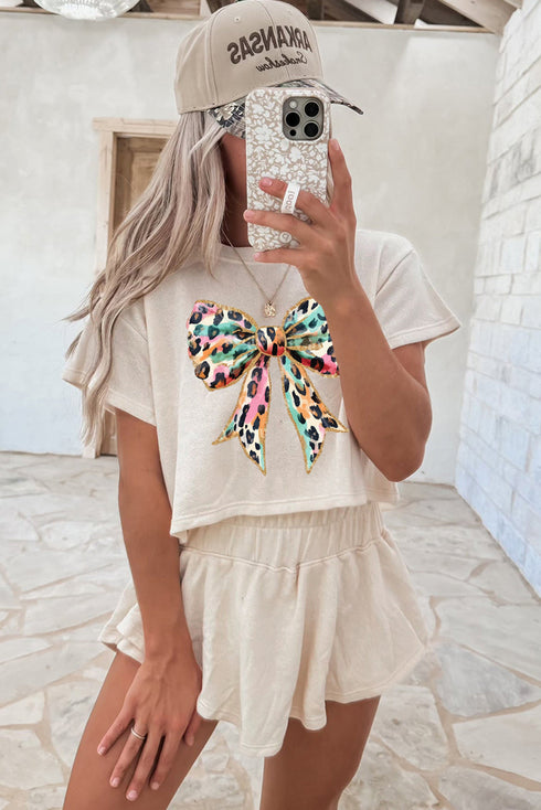 Leopard Bow Print Loose Tee Skort Graphic Set