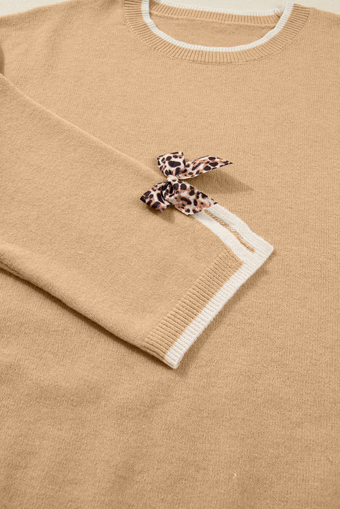 Leopard Bow Split Cuff Relaxed Knit Plus Sweater