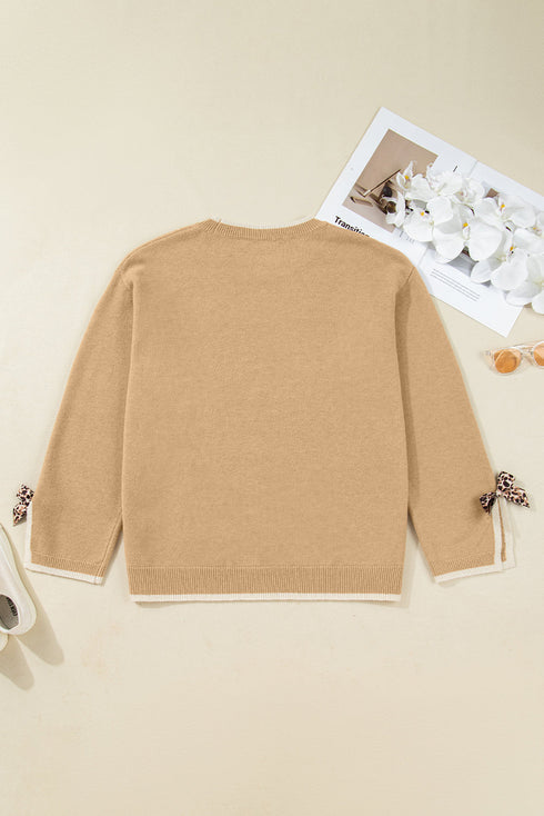 Leopard Bow Split Cuff Relaxed Knit Plus Sweater