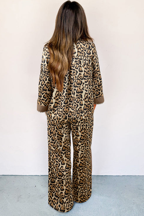 Leopard Button Front Contrast Trim Wide Leg Pant Sets