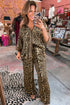 Leopard Button Front Contrast Trim Wide Leg Pant Sets