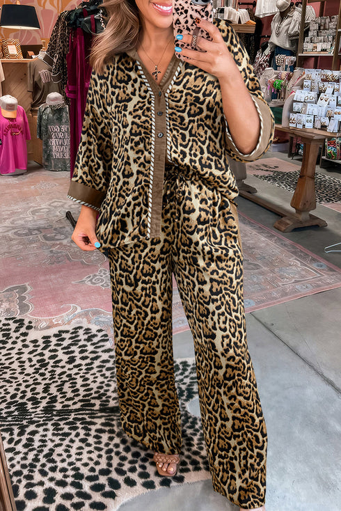 Leopard Button Front Contrast Trim Wide Leg Pant Sets