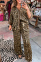 Leopard Button Front Contrast Trim Wide Leg Pant Sets