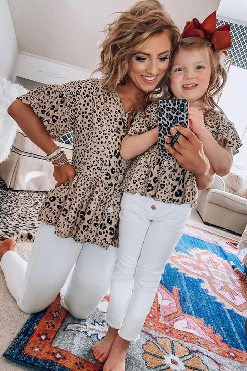 Leopard Button Front Ruffled Family Matching Mom'S Tunic Top