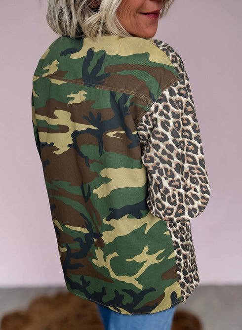 Leopard Camo Patchwork Button Front Flap Pocket Oversized Shacket