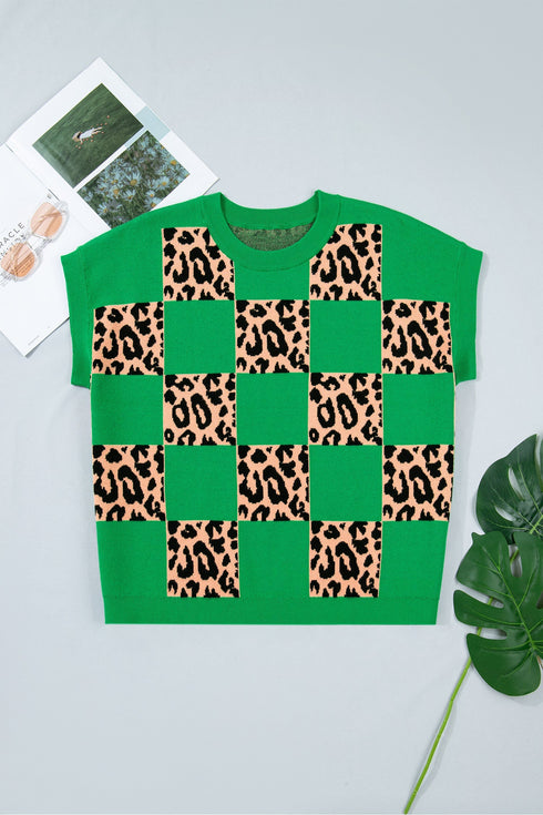 Leopard Checkered Contrast Short Sleeve Plus Size Sweater