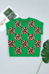 Leopard Checkered Contrast Short Sleeve Plus Size Sweater