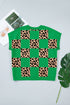 Leopard Checkered Contrast Short Sleeve Plus Size Sweater