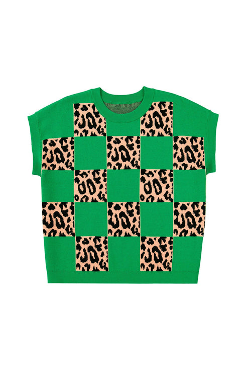 Leopard Checkered Contrast Short Sleeve Plus Size Sweater