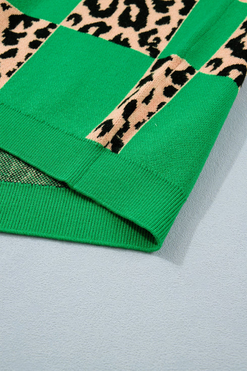 Leopard Checkered Contrast Short Sleeve Plus Size Sweater