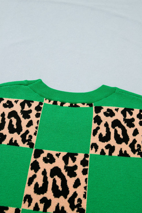 Leopard Checkered Contrast Short Sleeve Plus Size Sweater