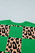 Leopard Checkered Contrast Short Sleeve Plus Size Sweater