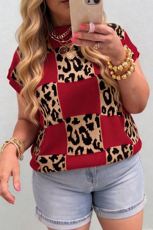 Leopard Checkered Contrast Short Sleeve Plus Size Sweater