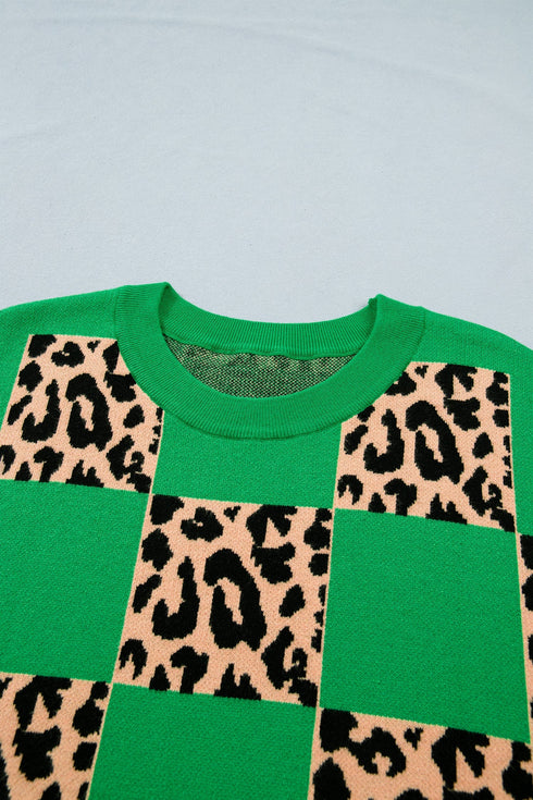 Leopard Checkered Contrast Short Sleeve Plus Size Sweater